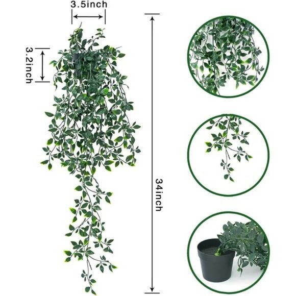 Artificial hanging plants set of 2 potted eucalyptus mandala leaves room decor - Picture 3 of 8